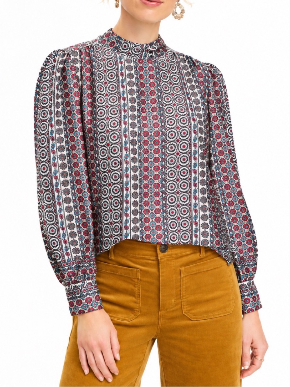 Loft Satin Geometric Print Mock Neck Blouse- Large